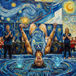Gymnast in blue uniform performing a head-first flip on a blue mat during regional championships
