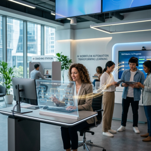 Woman interacting with AI learning pathway automation interface at a desk in a modern office with colleagues collaborating in the background