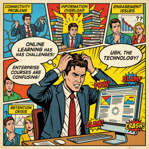 Frustrated man in suit dealing with online learning issues like connectivity, information overload, engagement, and retention problems.